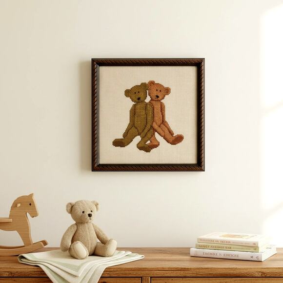 Vintage Framed Teddy Bear Cross Stitch – Handmade Needlepoint Art, Brown & Tan - Picture 2 of 9
